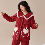 棉睡衣女冬季三层夹棉加绒加厚珊瑚绒法兰绒可外穿冬天家居服套装