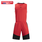 安德玛运动套装男透气宽松篮球服无袖T恤背心短裤红色两件套