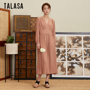 talasa商场同款铜氨连衣裙2023年秋收腰显瘦知性，优雅气质长裙