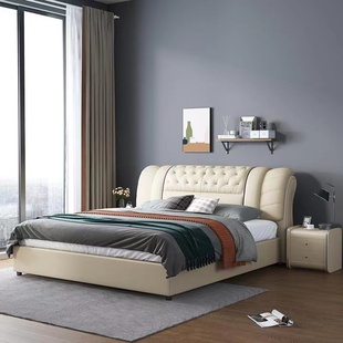 皮艺床简约现代大气双人床，主卧婚床1.8米真皮床软床意式轻奢储物