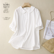 品牌折扣撤柜白色娃娃领衬衫女夏季小众法式上衣纯棉短袖衬衣