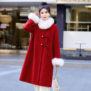 新年红色小香风羽绒服，女冬季2023中国风，中式中长羊毛大衣外套