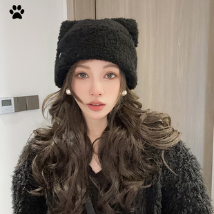 冬季针织帽子女可爱猫耳朵爱心刺绣，毛线帽保暖护耳帽大头围显脸小