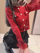 LXYG高级感红色圣诞毛毛袖针织开衫女2023秋冬修身小香风毛衣外套