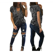 eBay速卖通迷彩低胸镂空绑带短袖女装T恤五色七码