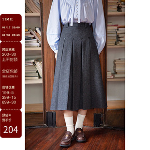 novelist什一灰色百褶裙，女2023年秋冬高腰，显瘦羊毛半身裙