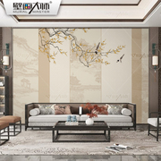 新中式沙发背景墙壁纸2023客厅，拼色花鸟壁布，包间酒店卧室床头壁画