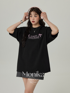 摩妮卡大码韩版短袖T恤女夏季2024胖MM宽松显瘦纯棉黑色上衣