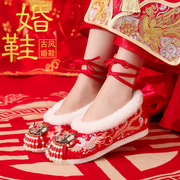 原创红色古风汉服，婚鞋中式复古秀禾婚鞋高跟，新娘结婚鞋坡跟绣花鞋