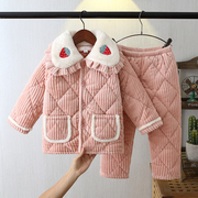 冬季女童睡衣套装三层加厚夹棉条纹法兰绒女孩宝宝保暖家居服