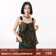杨二大梦原创绿色植绒网纱吊带，背心设计感别致减龄蝴蝶结无袖上衣