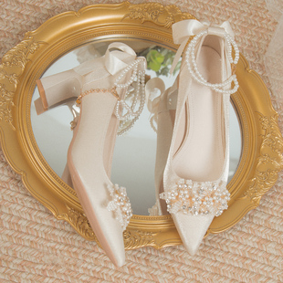 法式花朵婚鞋新娘鞋，婚纱婚礼服绸缎面高跟鞋，女细跟伴娘鞋2023