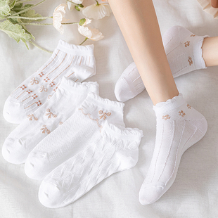 白色袜子女短袜纯棉，ins潮女士短筒薄款女袜日系花边女款可爱船袜