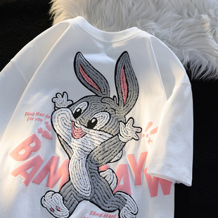 白色3d可爱兔子t恤女夏季宽松小众，立体印花情侣短袖潮牌原创上衣