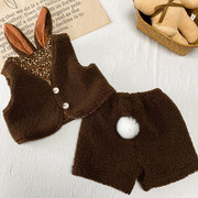 男女宝宝秋冬款加绒加厚背心棉短裤两件套装婴儿可爱兔子马甲套装