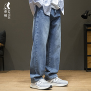 复古蓝色牛仔裤男水洗做旧休闲长裤夏季潮牌垂感男士宽松大码裤子