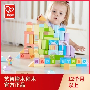 德国Hape 艺智榉木积木拼装益智力玩具1岁男女宝宝婴幼儿木制桶装