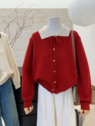 红色毛衣开衫外套，女春秋翻领设计感小众，宽松慵懒风针织上衣