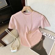 粉色甜辣妹洋气钉钻针织衫，女设计感纯欲圆领短袖修身百搭上衣