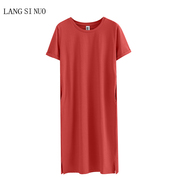 夏季韩版圆领纯棉红色休闲连衣裙中长款开叉带口袋短袖T恤裙