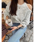PPSHD韩国复古宽松慵懒露肩套头毛衣女设计感小众外穿长袖针织衫