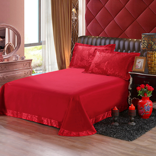 结婚床单双人大红单品大床，婚庆三件套纯色飞边磨毛，床上枕套1.8床