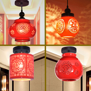 中国红灯笼现代中式景德镇LED陶瓷单头阳台过道玄关吸顶吊灯实木