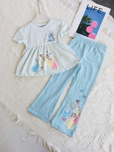 『ai美美』2-7岁女童超美的浅蓝色，公主娃娃衫喇叭裤短袖长裤套装