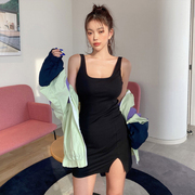 韩国东大门女装夏季洋气性感低胸大方领开叉无袖连衣裙打底