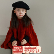 女童斗篷秋冬2023韩版女宝宝洋气针织外套，婴儿新年装红色披风