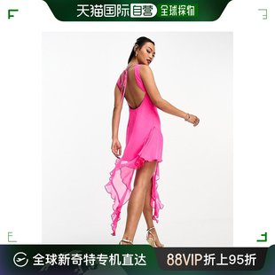 香港直邮潮奢asos女士，露背设计雪纺皱褶，下摆迷你桃红连衣裙