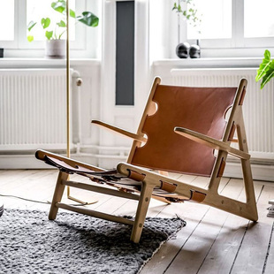 北欧实木休闲单人马鞍皮沙发椅狩猎椅子设计师侘寂风家具躺椅