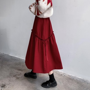 红色半身裙秋冬半截裙丝绒伞裙大摆复古a字中长款女垂感质感裙子
