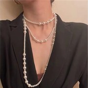 三层多层珍珠项链法式优雅旗袍珍珠长项链，气质毛衣链颈链女
