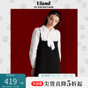 eland衣恋连衣裙拼接假两件中长款修身学院，风毛呢裙秋冬款