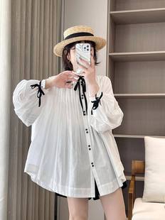 法式优雅白衬衫设计感褶皱，灯笼袖宽松大版型黑白撞色系带立领上衣