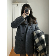 灰色毛呢大衣女，2023秋冬韩版高级感小个子中长款羊毛西装外套