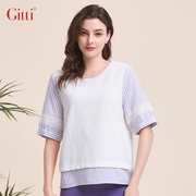 Gitti/吉蒂条纹假两件拼接短袖女棉大码蕾丝花边圆领T恤G241268
