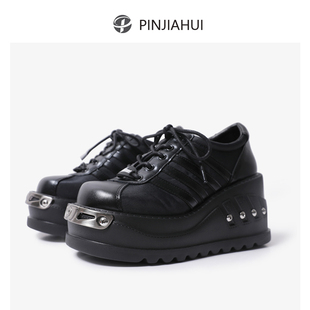 pinjiahui纯手工制作小个子坡跟，暗黑哥特条纹增高松糕系带厚底鞋