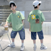 小男孩子帅气短袖牛仔套装2024夏季中大童儿童T恤中裤两件套