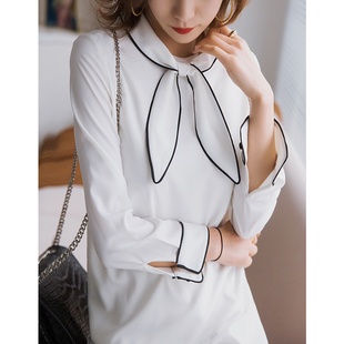 x浪漫优雅减龄蝴蝶领结，设计经典黑白色，镶边宽松轻盈雪纺连衣裙#