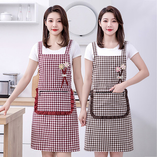 韩版女时尚加厚棉布透气围裙，家用厨房做饭工作服无袖格子背带围腰