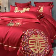 结婚大红色喜庆床上婚庆四件套中式床单被套婚房高档刺绣新婚床品