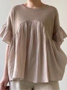 韩国chic夏季喇叭袖雪纺拼接冰丝，针织上衣薄款短袖褶皱高腰娃娃衫