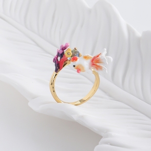 24原创设计师手绘珐琅釉彩金鱼可爱珊瑚水晶开口戒指优雅礼物
