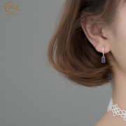 韩版镀金S925银耳环小众耳饰高级感耳坠镶钻蓝锆石方块气质耳扣女