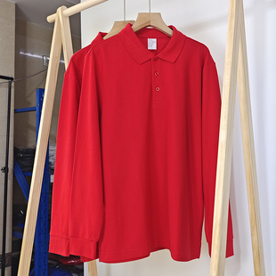 大红色长袖polo衫春季男女同款t恤半袖翻领夏中年(夏中年)纯棉中国红上衣