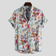 夏季男碎花短袖青翻领衬衫Youth popular floral lapel shirt