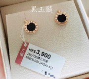 香港六福珠宝18k玫瑰，金黑玉髓贝母孔雀石love，圆饼钻石耳钉