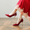 一字带高跟鞋女细跟单鞋红色法式秀禾婚纱两穿婚鞋41-43大码女鞋